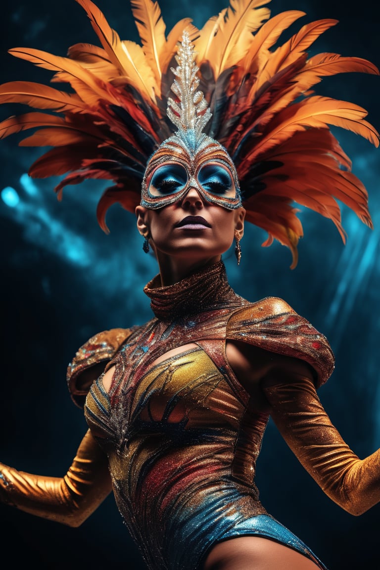 Colorful masterpiece illustration, hyper-realistic, Astral woman cirque made of dusts, cirque du soleil, dynamic pose, enthusiast,energic, wearing intricated adorned mask, jewelled, feathers, delicated and intricated costume, coloured dust, epic shapes, glittering,magic, colorful dust and desert background, upper body,ros tran, robby dwi antono, greg rutkowski, high detailed, high_res,Movie Still