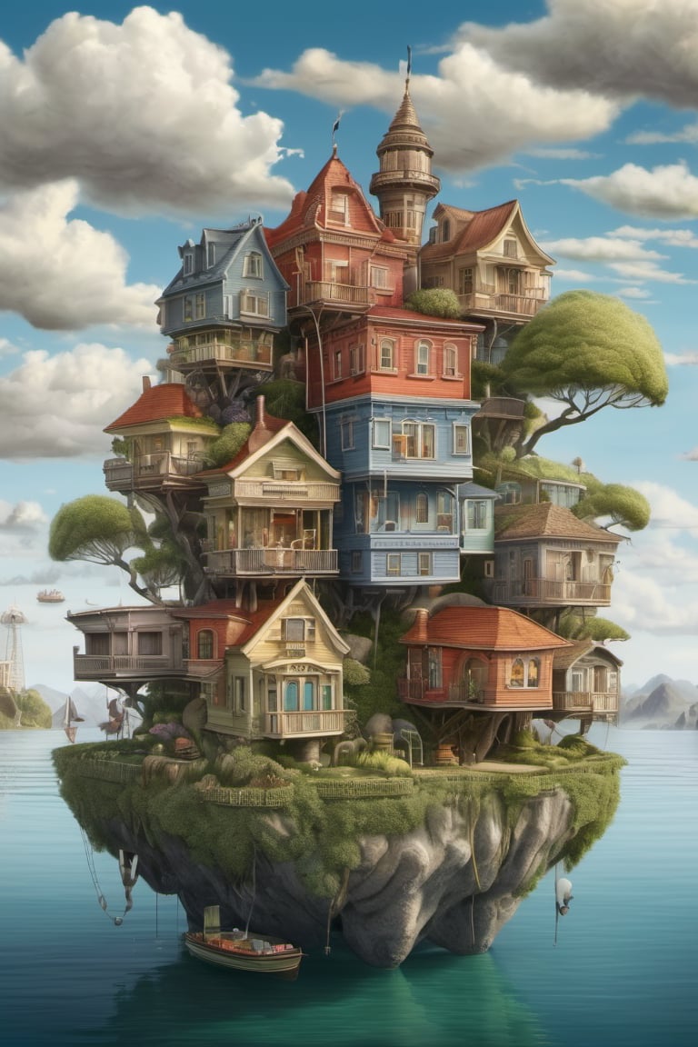 GhibliStyle stacked-houses on floating island,  intricate details, by Laurie Lipton, Concept Art,colorfull, high_res,3d style,3d