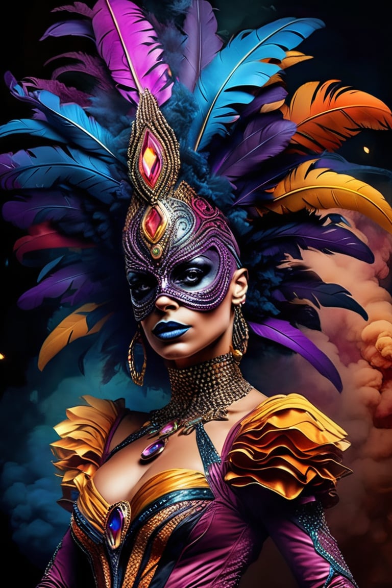 Colorful masterpiece illustration, hyper-realistic, Astral woman cirque made of smokes, cirque du soleil, dynamic pose, enthusiast,energic, wearing intricated adorned mask, jewelled, feathers, smokes, delicated and intricated costume, coloured smoke, epic shapes, glittering,magic, dark place, colorful smokes background, upper body,ros tran, robby dwi antono, greg rutkowski, high detailed, high_res,