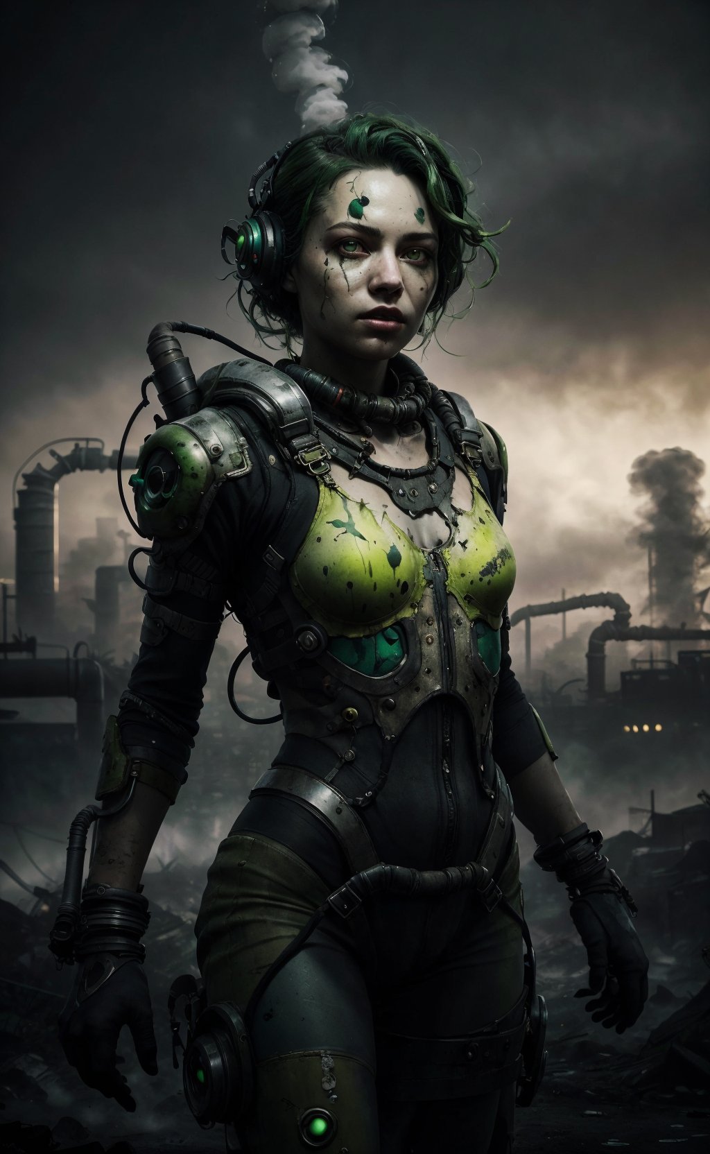 RAW, photorealistic, girl in intricated ToxicPunkAI techwear suit, beautiful, hi-tech, sci-fi, explosive green smokes, bored face, high detailed skin texture,green eyes, green hair messy hair, head, body, legs ,hyper detailed, sharp character focus, post-apocalypse industrial,lights, sunset, epic environment, cinematic,pro-lighting,intricated,ToxicPunkAI