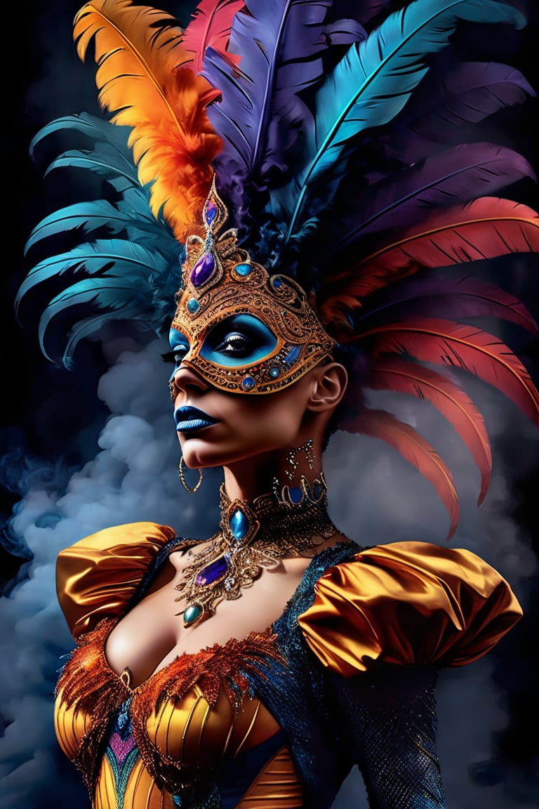 Colorful masterpiece illustration, hyper-realistic, Astral woman cirque made of smokes, cirque du soleil, dynamic pose, wearing intricated adorned mask, jewelled, feathers, smokes, delicated and intricated costume, coloured smoke, epic shapes, glittering, dark place, colorful smokes background, upper body,ros tran, robby dwi antono, greg rutkowski, high detailed, high_res,1 girl,yuzu,EnvyBeautyMix23