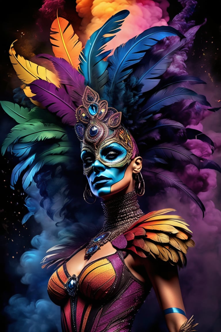 Colorful masterpiece illustration, hyper-realistic, Astral woman cirque made of smokes, cirque du soleil, dynamic pose, wearing intricated adorned mask, jewelled, feathers, smokes, delicated and intricated costume, coloured smoke, epic shapes, glittering, dark place, colorful smokes background, upper body,ros tran, robby dwi antono, greg rutkowski, high detailed, high_res,