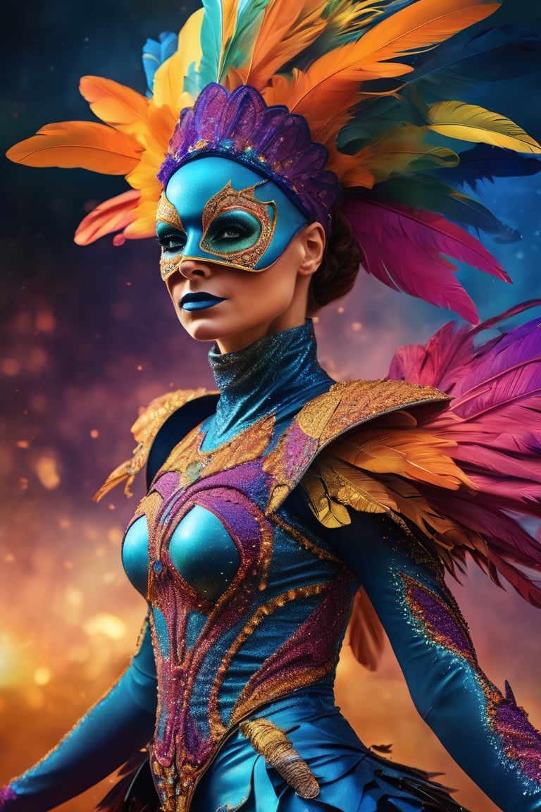 Colorful masterpiece illustration, hyper-realistic, Astral woman cirque made of dusts, cirque du soleil, dynamic pose, enthusiast,energic, wearing intricated adorned mask, jewelled, feathers, delicated and intricated costume, coloured dust, epic shapes, glittering,magic, colorful dust and desert background, upper body,ros tran, robby dwi antono, greg rutkowski, high detailed, high_res,