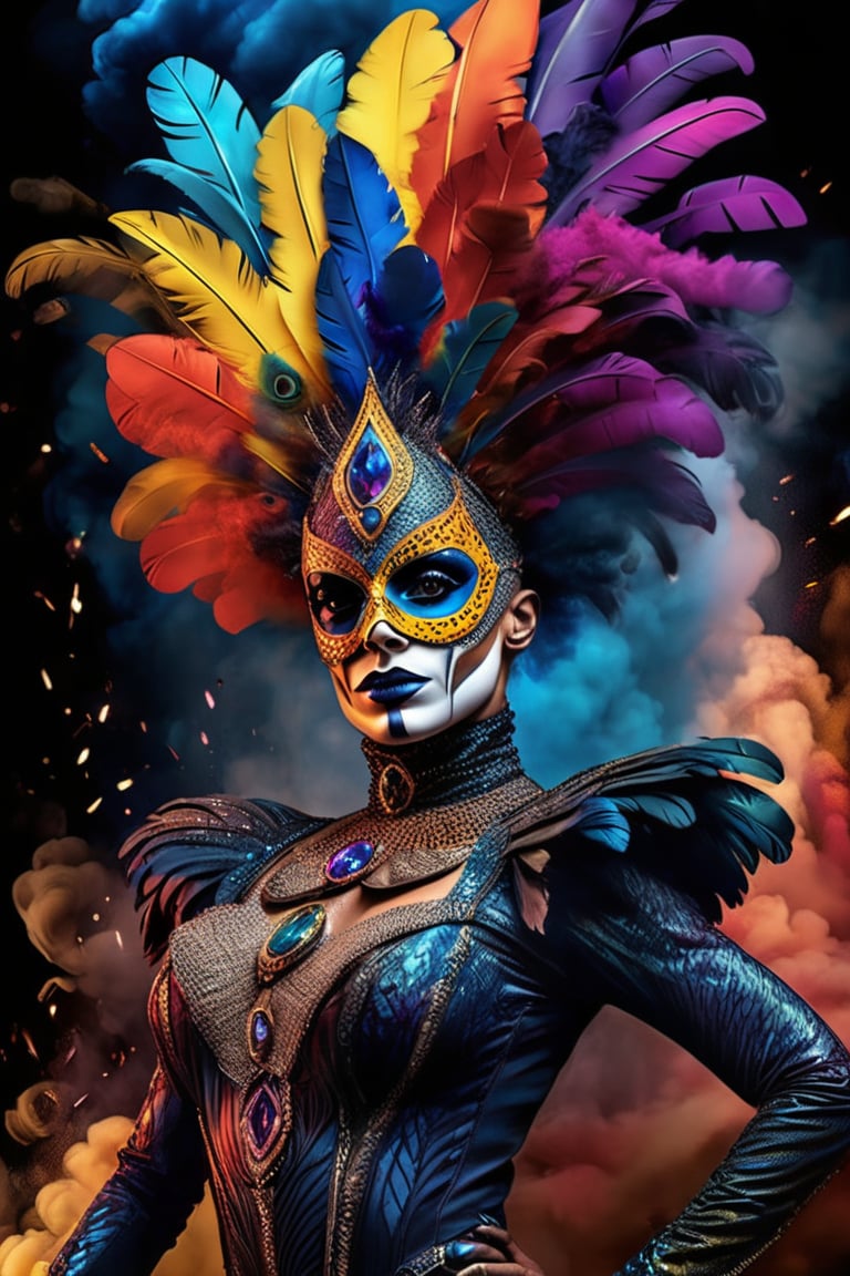 Colorful masterpiece illustration, hyper-realistic, Astral woman cirque made of smokes, cirque du soleil, dynamic pose, enthusiast,energic, wearing intricated adorned mask, jewelled, feathers, smokes, delicated and intricated costume, coloured smoke, epic shapes, glittering,magic, dark place, colorful smokes background, upper body,ros tran, robby dwi antono, greg rutkowski, high detailed, high_res,