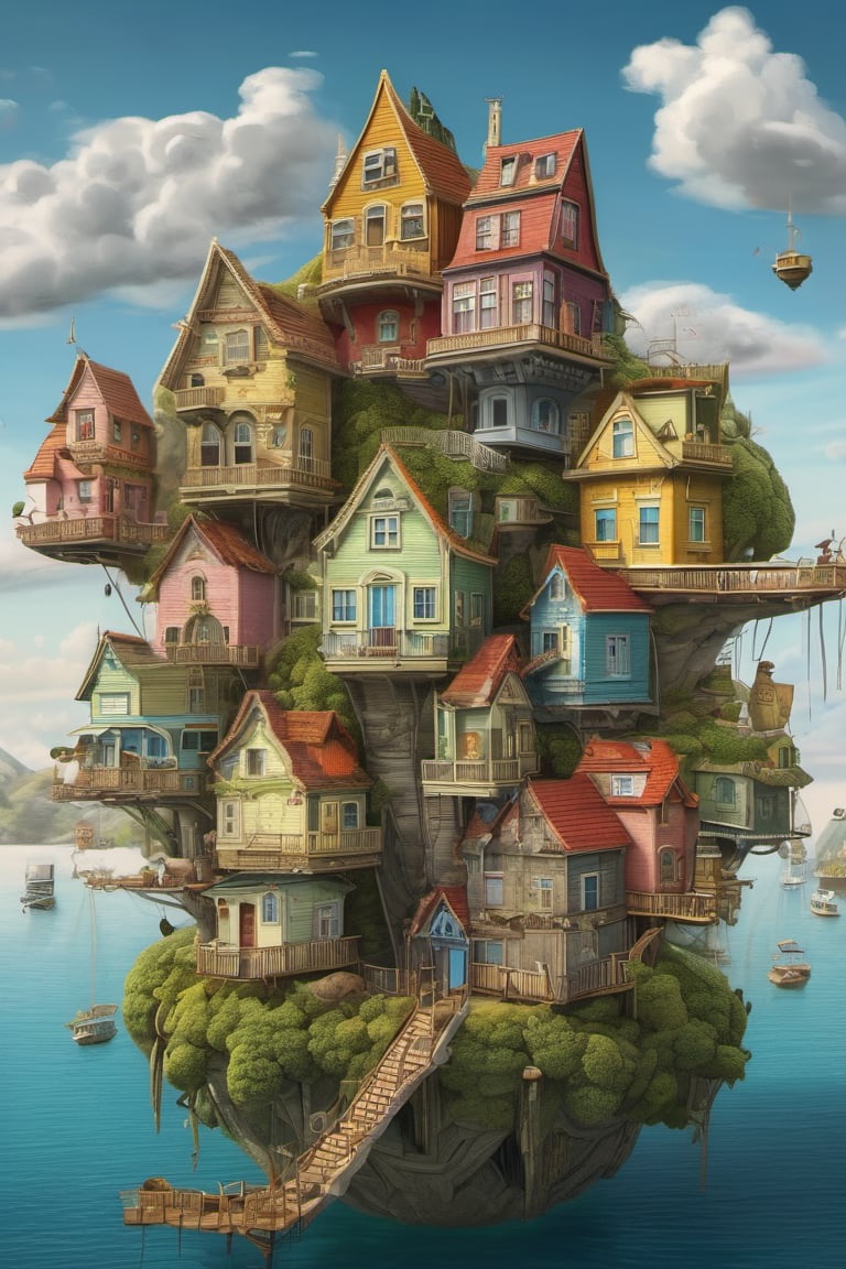 GhibliStyle stacked-houses on floating island,  intricate details, by Laurie Lipton, Concept Art,colorfull, high_res,3d style,3d