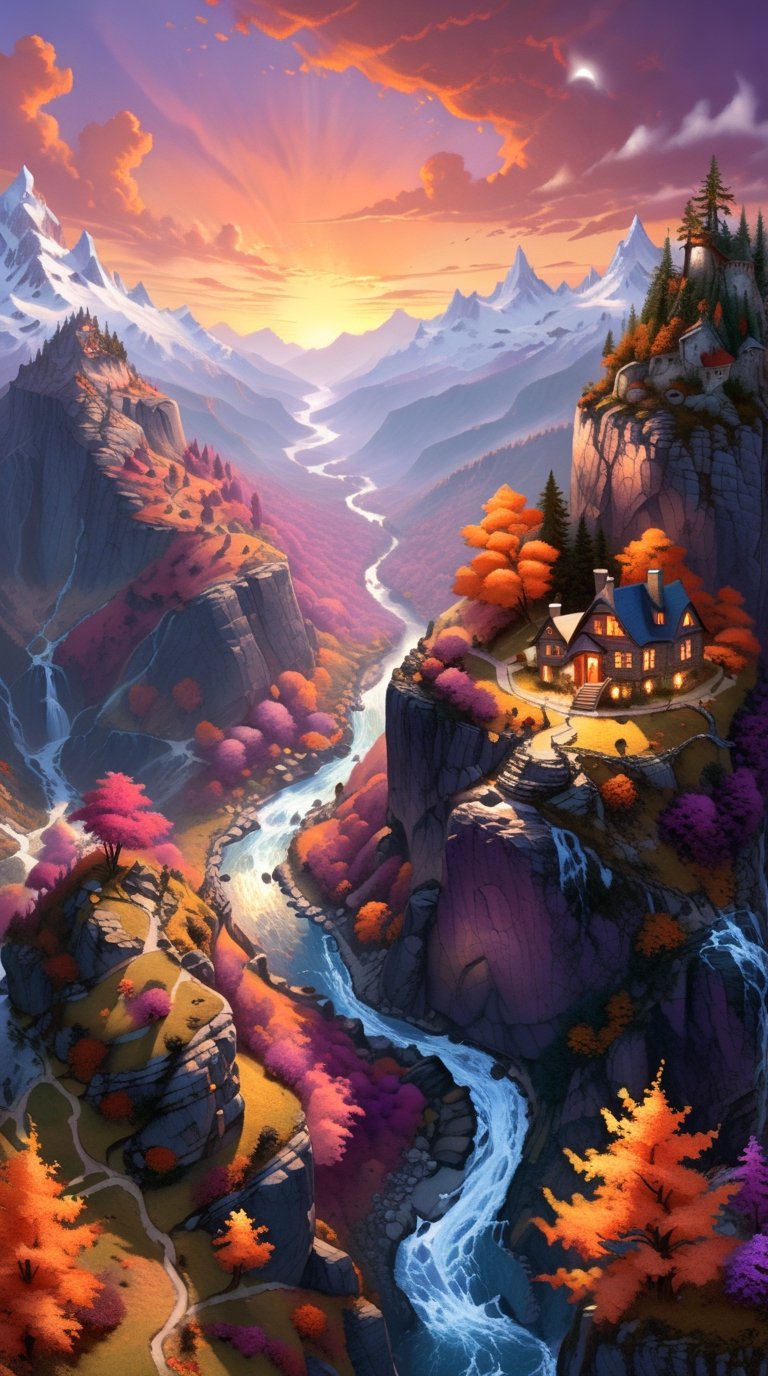 A fantasy autumn land with a deep canyon in the middle,  where the sun sets in a blaze of orange and purple,  fairy tale b...