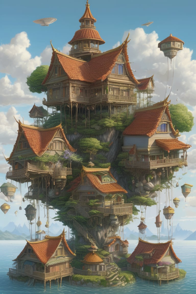 GhibliStyle stacked-houses on floating island,  intricate details, by Laurie Lipton, Concept Art,colorfull, high_res,3d style,3d