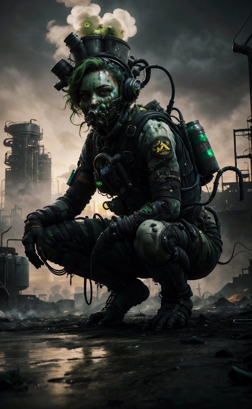 RAW, photorealistic, 18yo girl in intricated ToxicPunkAI techwear suit, beautiful, hi-tech, sci-fi, squatting, explosive green smokes, bored face, high detailed skin texture,green eyes, green hair messy hair, head, body, legs ,hyper detailed, sharp character focus, post-apocalypse industrial,lights, sunset, epic environment, cinematic,pro-lighting,intricated,ToxicPunkAI