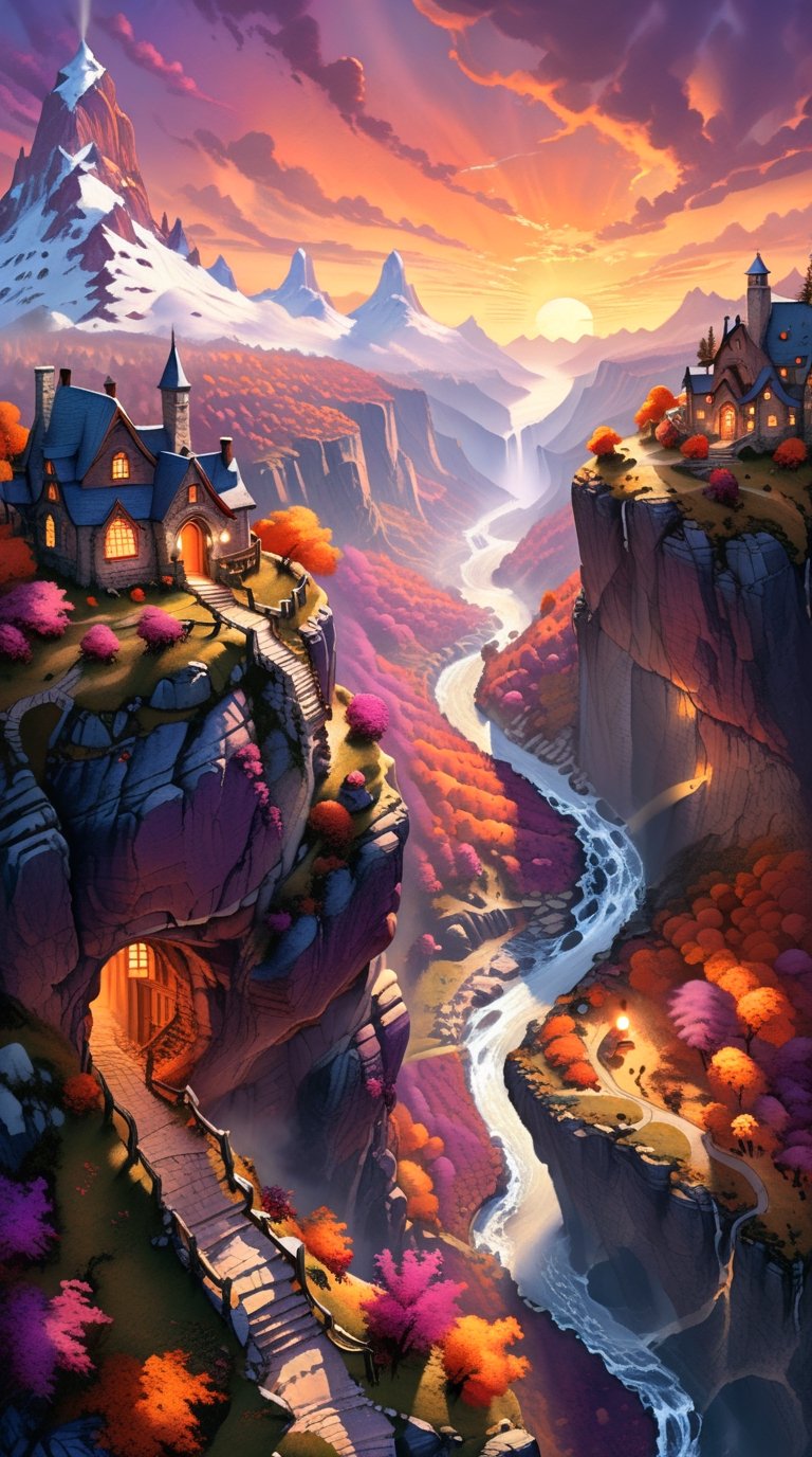 A fantasy autumn land with a deep canyon in the middle,  where the sun sets in a blaze of orange and purple,  fairy tale b...