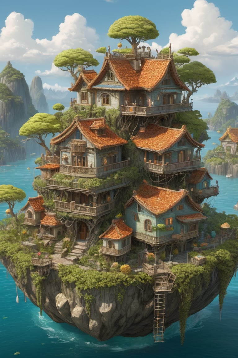 GhibliStyle stacked-houses on floating island,  intricate details, by Laurie Lipton, Concept Art,colorfull, high_res,3d style,3d