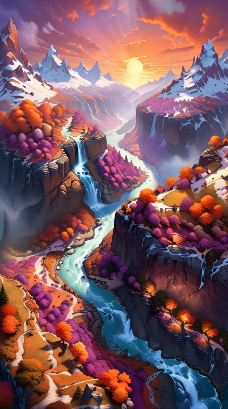 A fantasy autumn land with a deep canyon in the middle,  where the sun sets in a blaze of orange and purple,  fairy tale b...
