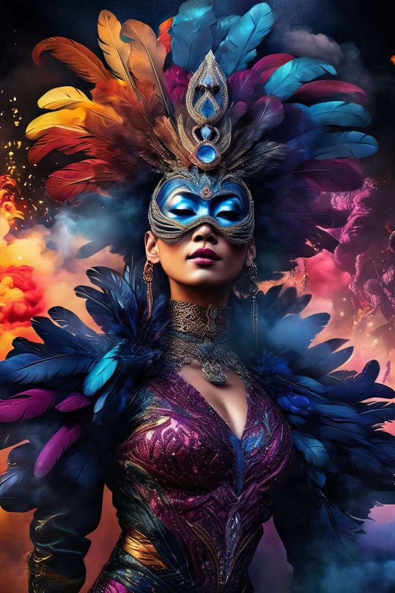 Colorful masterpiece illustration, hyper-realistic, Astral woman cirque made of smokes, cirque du soleil, dynamic pose, wearing intricated adorned mask, jewelled, feathers, smokes, delicated and intricated costume, coloured smoke, epic shapes, glittering, dark place, colorful smokes background, upper body,ros tran, robby dwi antono, greg rutkowski, high detailed, high_res,1 girl,yuzu,EnvyBeautyMix23