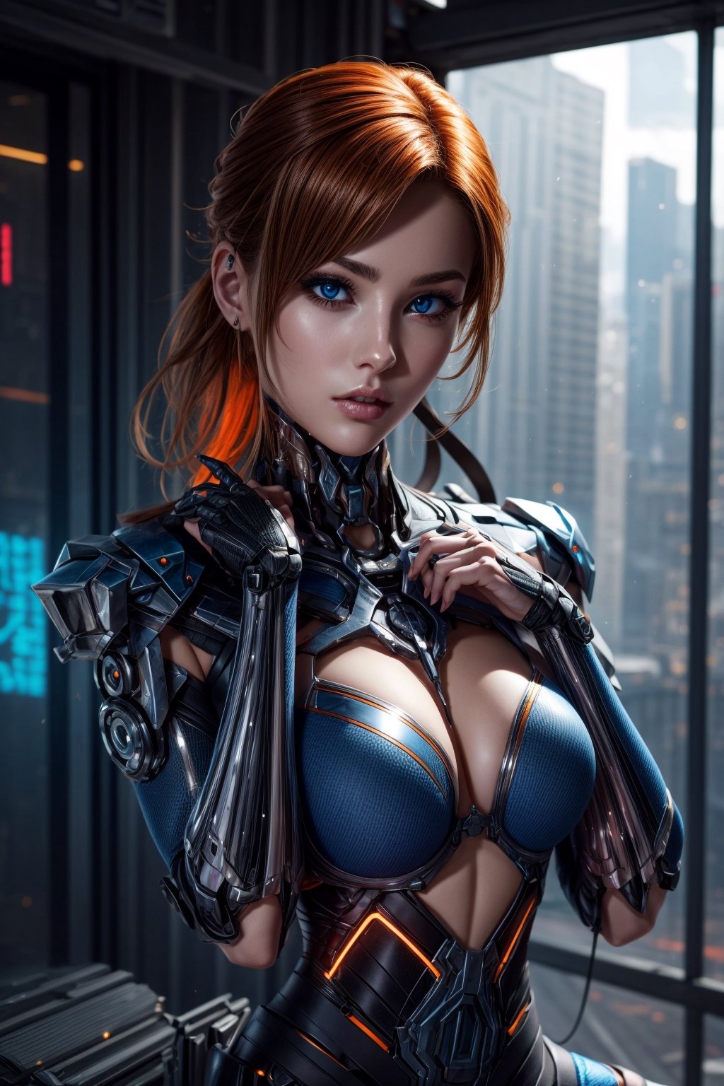 beautiful cyborg hold the breast on ripped sheer,photorealistic skin,futureaodai,long orange hair,bright blue eyes,caucasian,cyberpunk,hands on own chest ,long_hime_cut_hairstyle