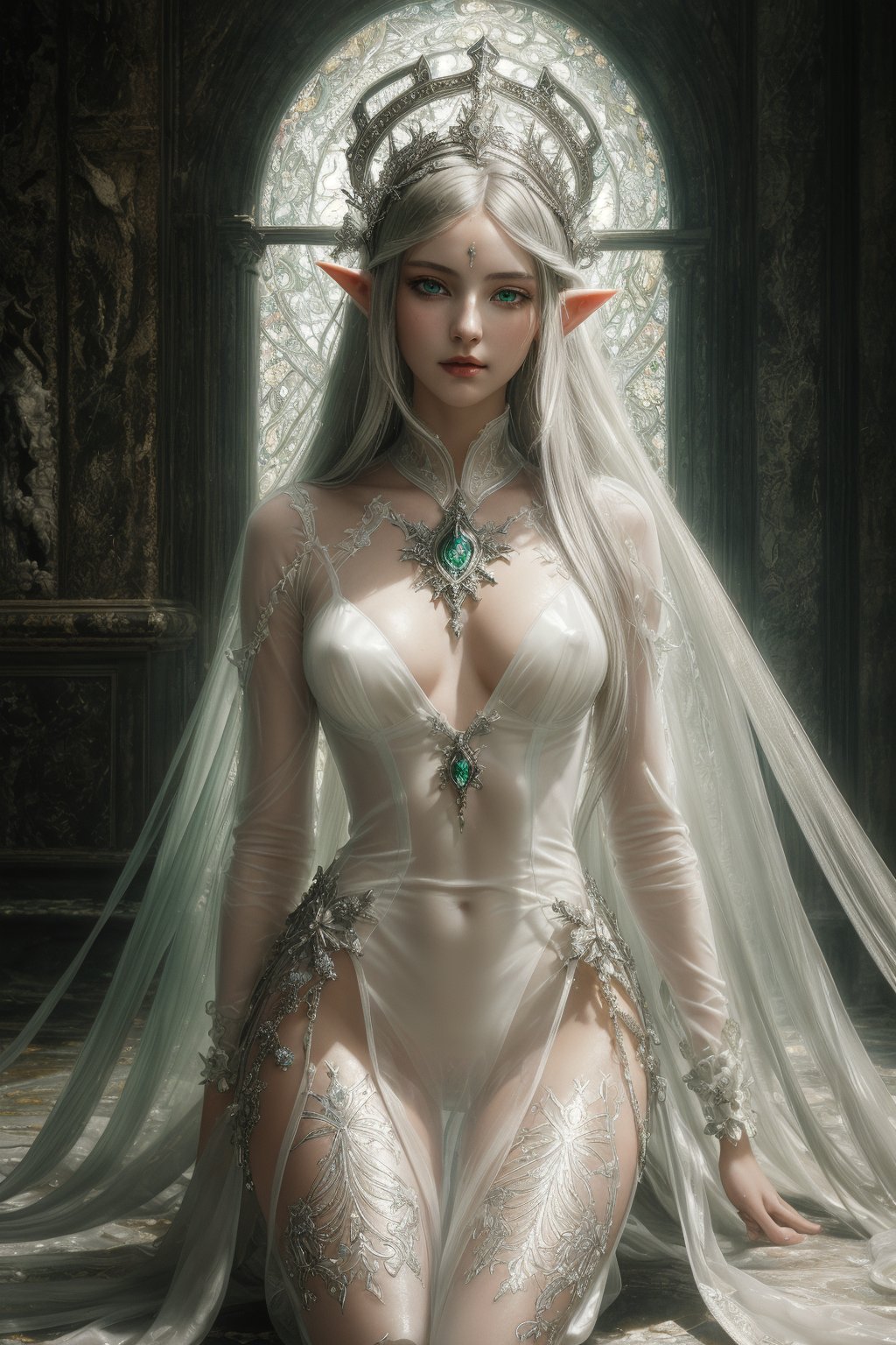 (heavenly beauty, elf by Nicola Samori), (masterpiece, best quality:1.4), (renaisance:1.2), full body, female, silver long hair, god rays, silver armor, halo, bioluminescence, looking_at_viewer, detailed and beautiful green eyes,, fantasy, hyperdetailed face, sy, dynamic light, natural colors, hdr, 2d, cinematic, hyper-detailed image, moody photography, soft ligtning, slim and innocent figure, white airy and transparent dress slightly exposed underwear, delicate silver crown on the head