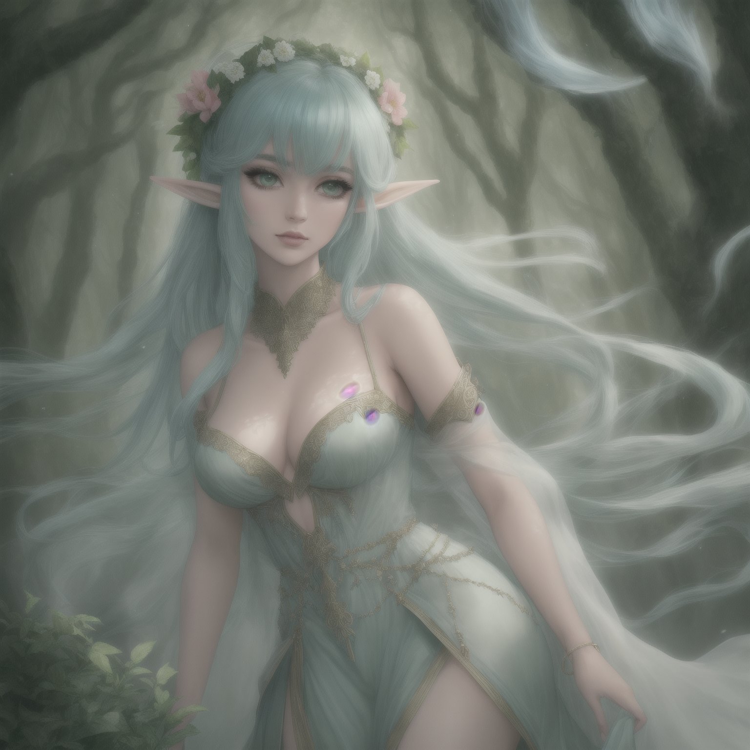 /imagine prompt:Create a fantasy enchanting forest elf queen. Flowing, iridescent robes. Surrounded by vibrant flora. Bringing life and magic to every living thing. Portray the ethereal beauty and serene presence of this mystical being. hyperdetailed face, symmetric eays, dynamic light, natural colors, hdr, 2d, cinematic, hyper-detailed image, wide hips, exposed chest, delicate shoulder, aesthetic, wreath of plants, slim waist, airy openwork outfit