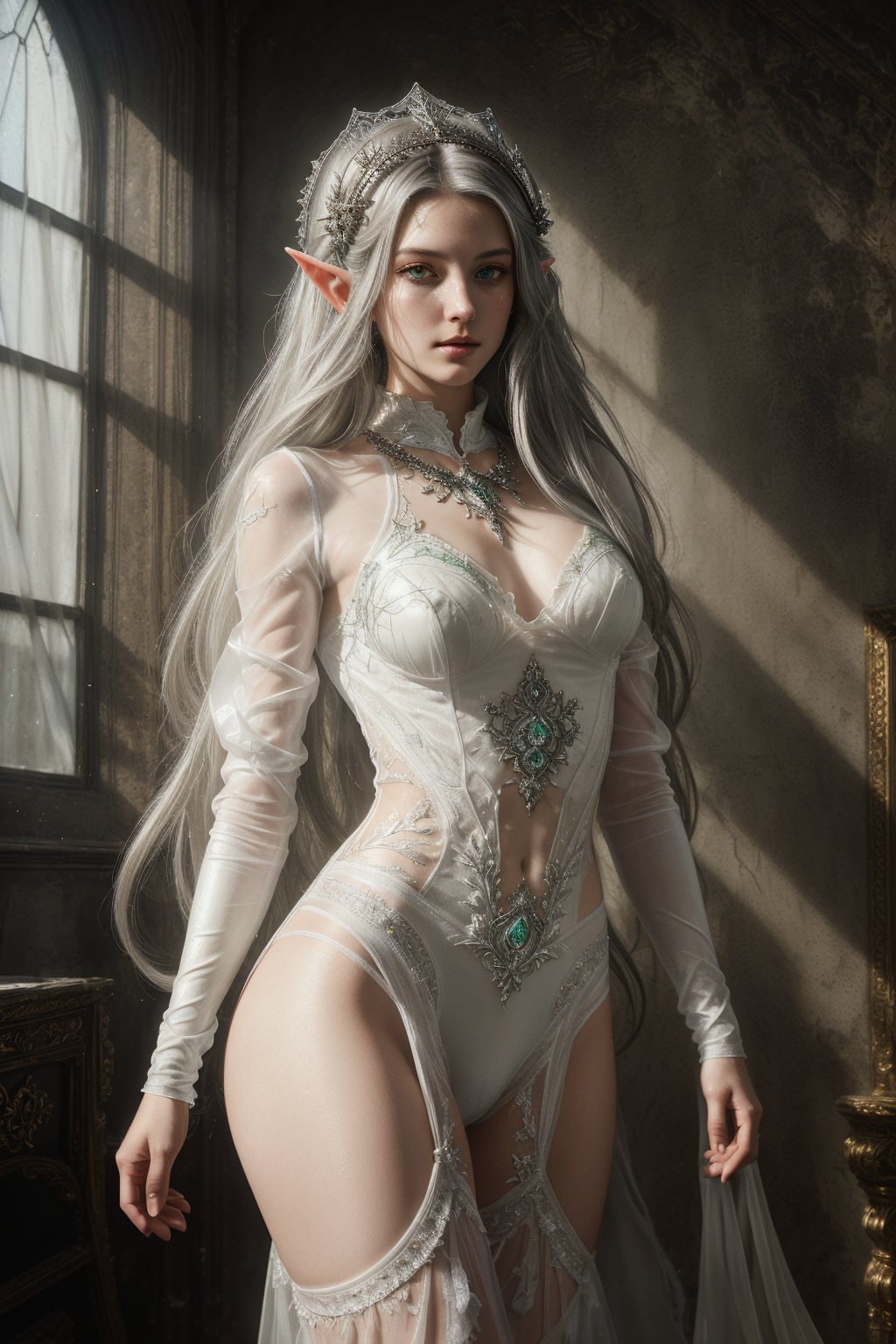 (heavenly beauty, elf by Nicola Samori), (masterpiece, best quality:1.4), (renaisance:1.2), full body, female, silver long hair, god rays, silver armor, halo, bioluminescence, looking_at_viewer, detailed and beautiful green eyes,, fantasy, hyperdetailed face, symmetric eays, dynamic light, natural colors, hdr, 2d, cinematic, hyper-detailed image, moody photography, soft ligtning, slim and innocent figure, white airy and transparent dress slightly exposed underwear, delicate silver crown on the head