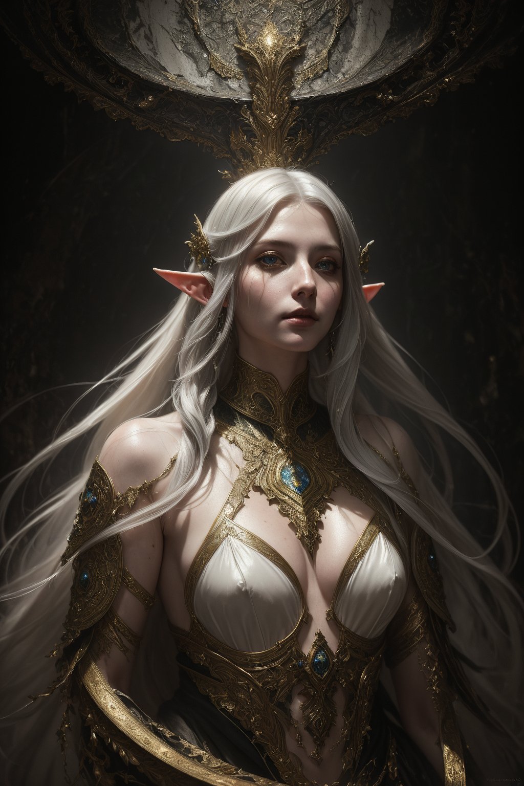 (heavenly beauty, elf by Nicola Samori), (masterpiece, best quality:1.4), (renaisance:1.2), full body, female, silver long hair, god rays, silver armor, halo, bioluminescence, looking_at_viewer, detailed and beautiful eyes,,fantasy