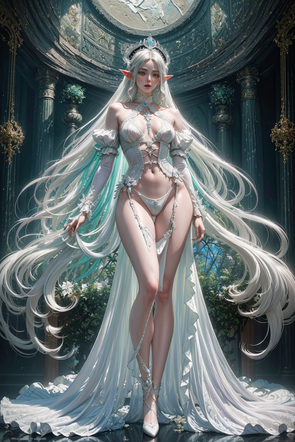 (heavenly beauty, elf by Nicola Samori), (masterpiece, best quality:1.4), (renaisance:1.2), full body, female, silver long hair, god rays, silver armor, halo, bioluminescence, looking_at_viewer, detailed and beautiful green eyes,, fantasy, hyperdetailed face, symmetric eays, dynamic light, natural colors, hdr, 2d, cinematic, hyper-detailed image, moody photography, soft ligtning, slim and innocent figure, white airy and transparent dress slightly exposed underwear, delicate silver crown on the head