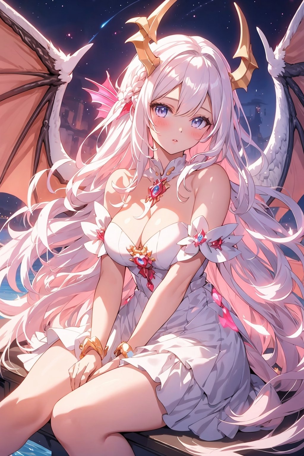 masterpiece, 1 girl, Extremely beautiful woman sitting at the edge of a lake with very large glowing dragon wings, glowing hair, long cascading hair, white hair, crimson dress with white skirt, dawn, full lips, hyperdetailed face, detailed eyes, dynamic pose, cinematic lighting, pastel colors, perfect hands, dragon girl, girl with dragon wings, dark fantasy