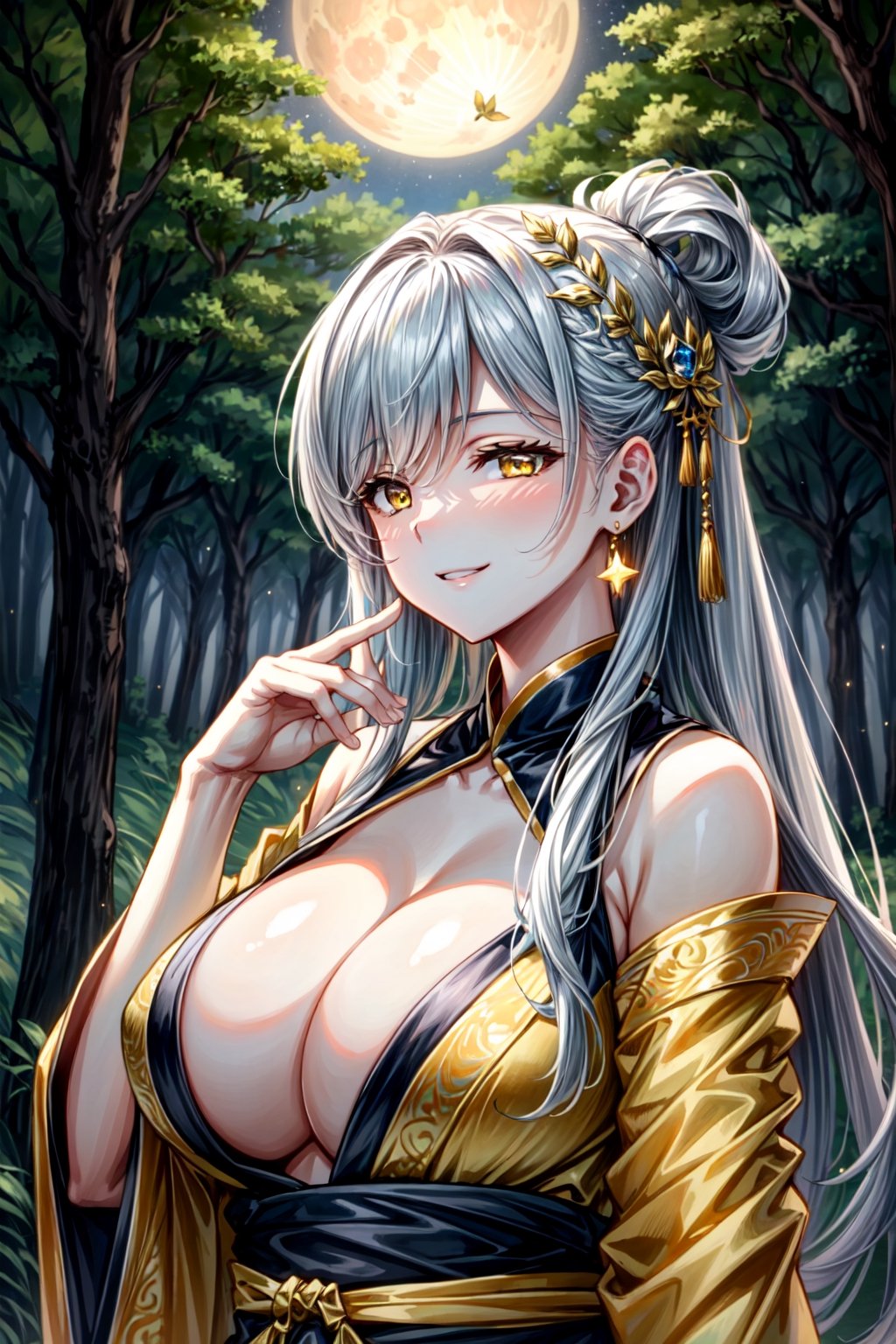 long white hanfu hair, golden eyes, gold earrings, gold decorations on head, pure white hanfu robes, big lips, half-closed eyes, smile, big breasts, cleavage, yellow makeup, beautiful detailed eyes, beautiful detailed face, beautiful detailed hair, forest background, light particles in background, yellow moon in background, nightime, stars in sky, masterpiece, best quality, extremely detailed cg unity 8k wallpaper, high-quality, ultra-detailed, depth of field, illustration, beautiful detailed wallpaper