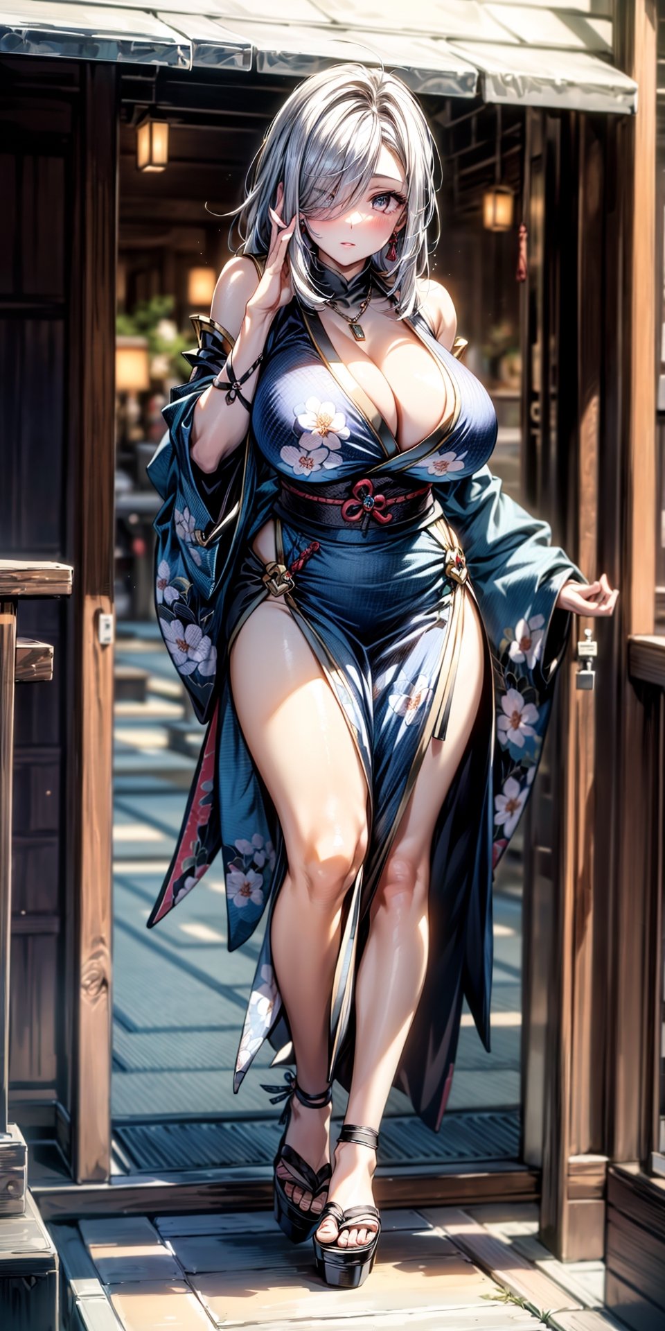 (((masterpiece, best quality:1.1))), highres, Manga, (ultra-detailed), (((1girl))),(((solo:1.5))),light makeup, large_breasts, mature female,  seductive, elegant, stylish,sexy, (upright),curvy, beautiful legs,  perfect body, beautiful woman, (beautiful detailed face:1.2), beautiful detailed eyes,((intricate detailed)), (perfect detailed breasts), (huge breasts), perfect hands, detailed fingers, mature female,mature female,(((full body standing))), mature female, long hair, breasts, solo, huge breasts, 1girl, mature female, long hair, breasts, solo, huge breasts, (((hair over one eye))), big boobs, slim body, slim waist, jewelry, necklace, earrings, Japanese black kimono with sakura pattern, shenhe(genshin impact)