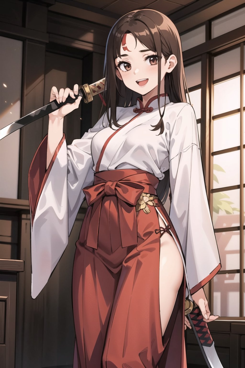 (masterpiece), 1girl, long brown hair, medium breast, hakama, holding katana, katana, weapon over shoulder,laughing and chatting,cosplay costume,1 girl,chinese talisman on forehead,Wearing edgTemptation