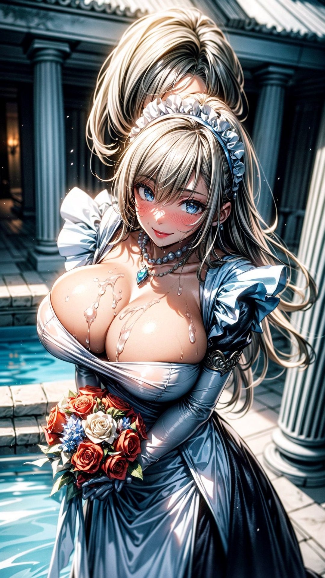 1woman, long blonde hair, blue eyes, black and white maid clothes, white gloves, white maid headgear, ornate clothes, wet clothes, soaked clothes, tall, big breasts, courtyard, bouquet of flowers from edelweiss, fountain, blushed face, smile, classy, elegant, refined, pearl necklace, earring with blue gem, red lips, glossy lips, sparkling eyes, (hair flower), realistic