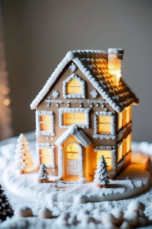 Santa‘s Caveman Style Home at the North Pole, a big reindeer ice sculpture is the center piece in the living room contrasted by warm pastel colored minimalistic Christmas lights following the contours of the walls, stylish and elegant yet cozy and inviting, Sony A7R IV, Sony FE 50mm f/1.2 GM, natural light, softbox, salttech, High detailed, Gingerbread_House,<lora:659111690174031528:1.0>