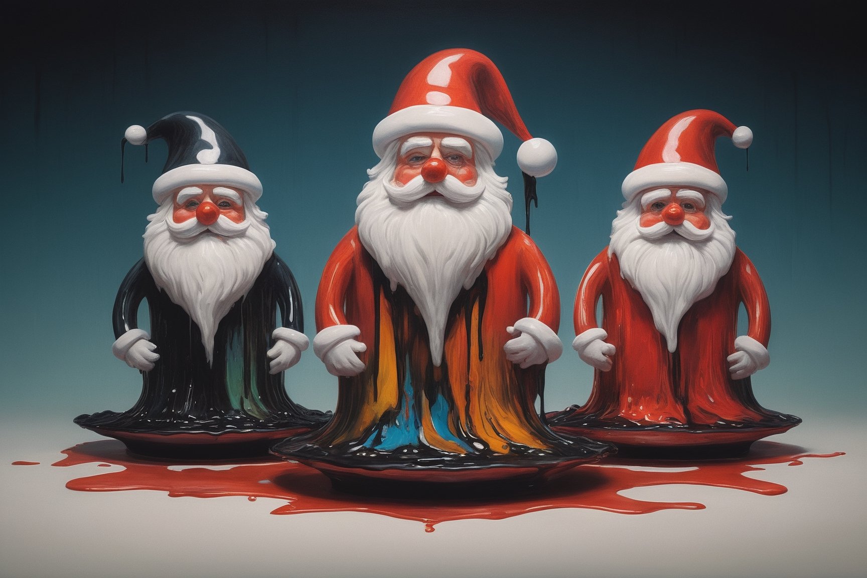 in a colorful surreal world a ferrofluid Santa Claus with his 3 multiple personalities morphing into each other, all scared at the sight of a single cookie knowing they'll have to fight which personality gets it, abstract minimalism, leading lines, artistic composition, masterpiece, 8k uhd, in the style of esao andrews, James Gilleard, dripping paint