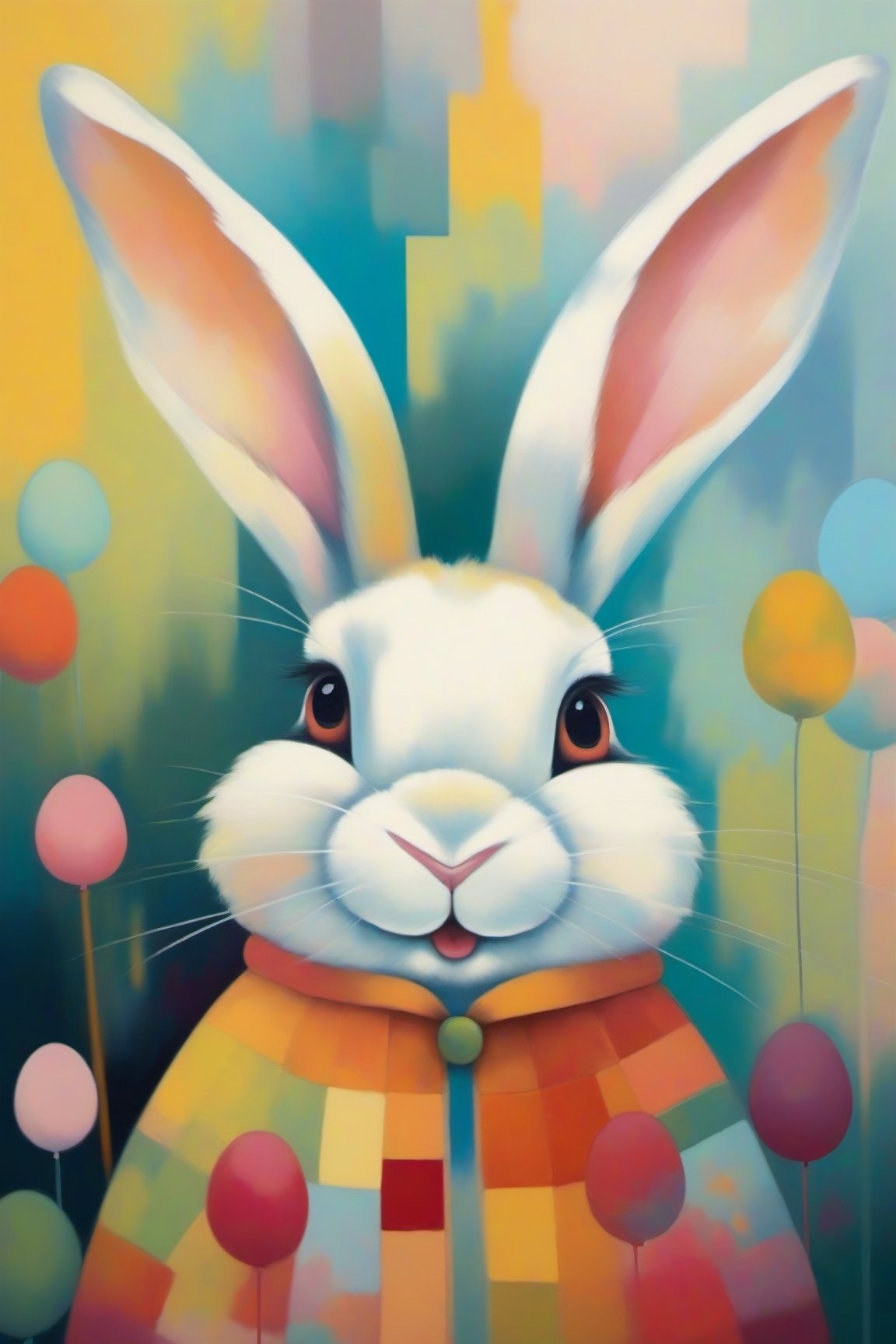 At the center of a charming studio stands a petite, wide-eyed extremely happy bunny, its fur a patchwork of gentle pastels, each shade echoing the colors of the scattered paints. A painter's smock drapes over its form, adorned with splotches of vibrant pigments. Delicately, the bunny dips its brush into a palette of vivid hues. The canvas before it is a burst of lively chaos, a testament to the bunny's artistic fervor. The room exudes a serene ambiance, a sanctuary where creativity thrives, encapsulated in the bunny's earnest endeavor, dripping paint,lofi