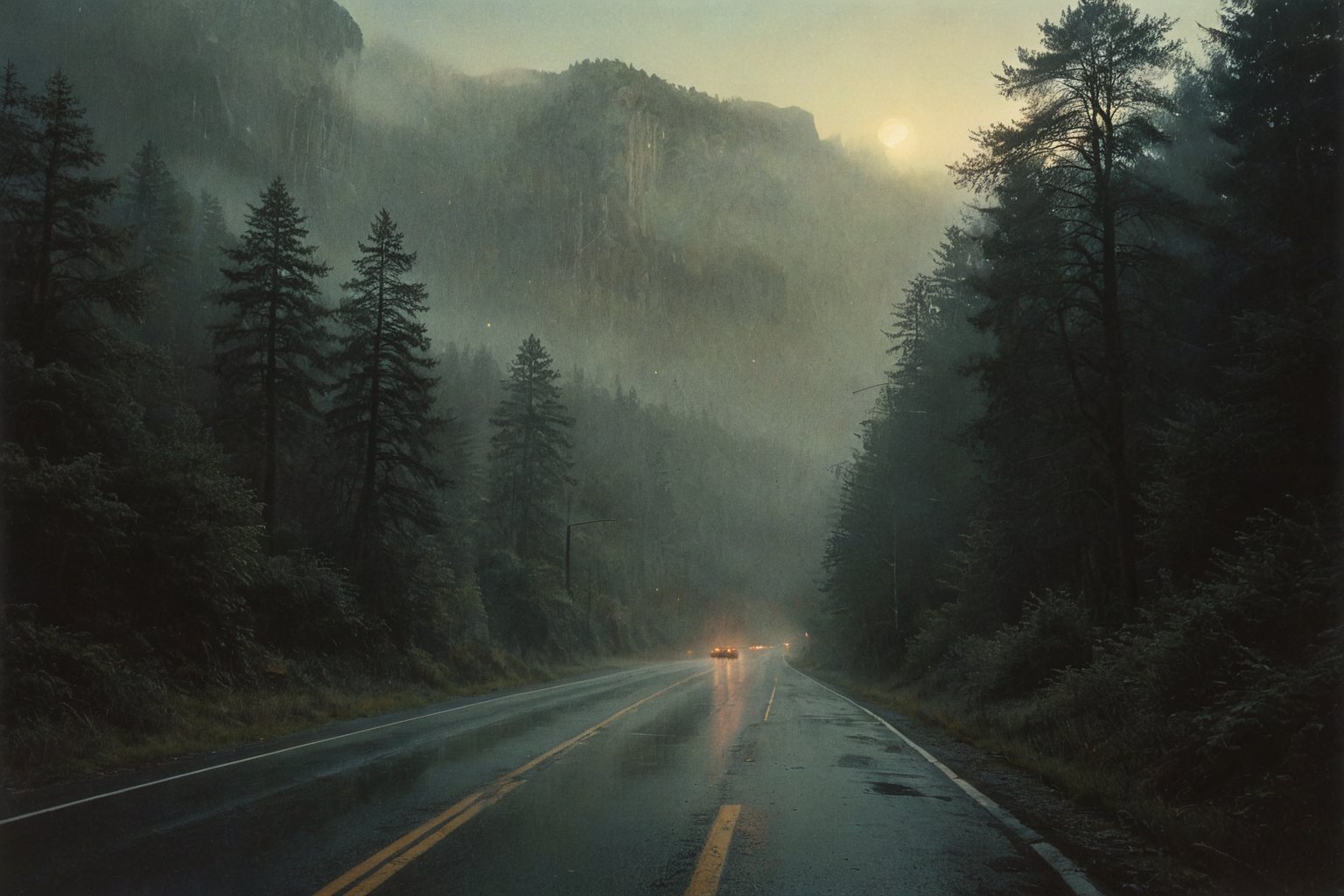 Highway stretch gleams softly under dusk's hazy veil, recent storm's lingering dampness reflected on asphalt's dark canvas. Fog creeps down mountain slopes, shrouding towering trees and street signs in misty mystery. City lights flicker to life in the distance, casting an otherworldly glow across the eerie landscape, as if beckoning viewers into the swirling vortex of twilight. digital artwork by Beksinski