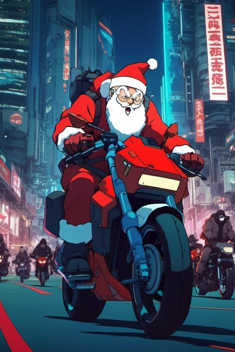 in the cyberpunk anime style of Akira, Santa Claus as a character in the anime Akira, riding the iconic futuristic motorcycle from Akira, chasing a group of masked gift thieves, epic scene, anime style, movie scene, 4k