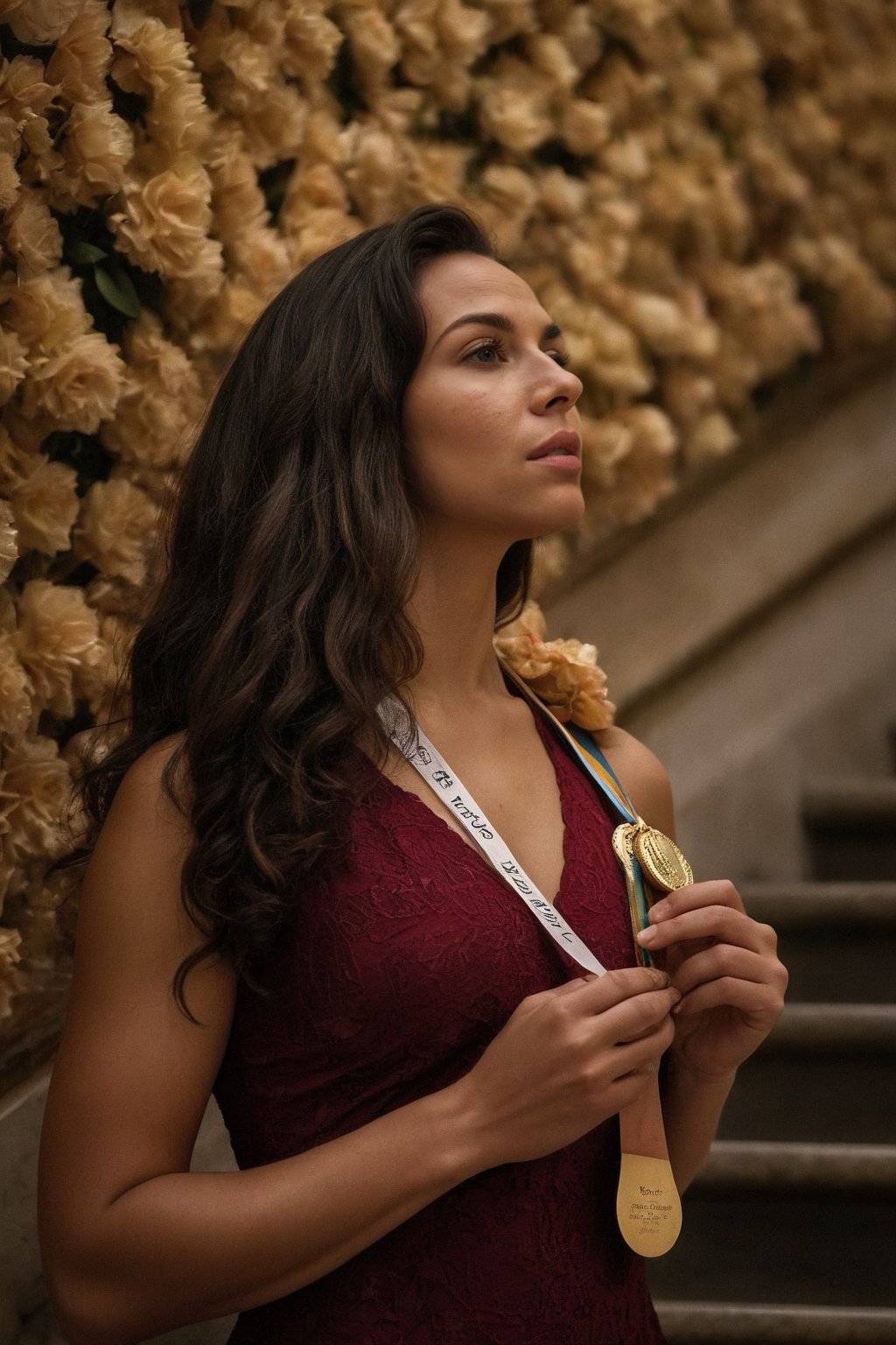 8k uhd, raw photo, sharp, extremely detailed sidelit portrait of an olympic athlete with a gold medal descending an ornate staircase covered with flower petals. The athlete has dark, wavy, luscious and silky hair that contrasts the vibrantly colored petals. Emphasize realism and attention to detail, focus on capturing the subtleties of the subject's expression. Intricate details give the impression of softness and elegance. The overall effect is one of glory, happyness and beauty. bokeh background, chiaroscuro, Kodak Gold 400 film, staircase, Low-key lighting Style