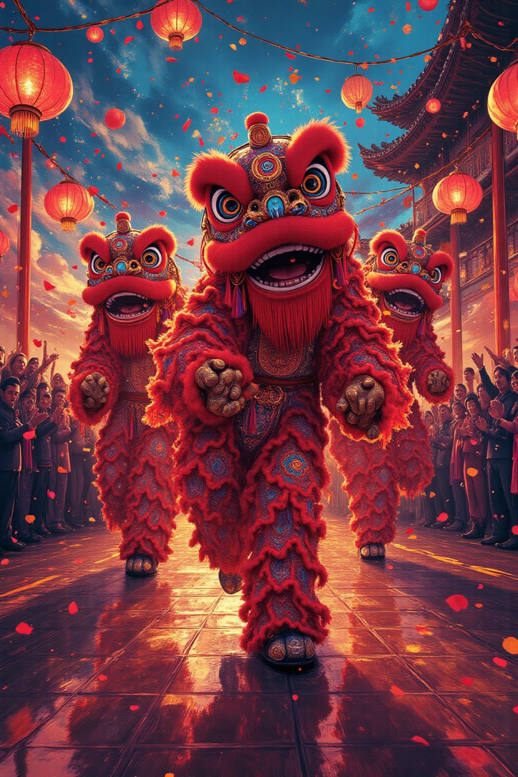 A vibrant and dynamic scene featuring dancers in traditional Chinese lion dance costumes performing the can-can on a grand...