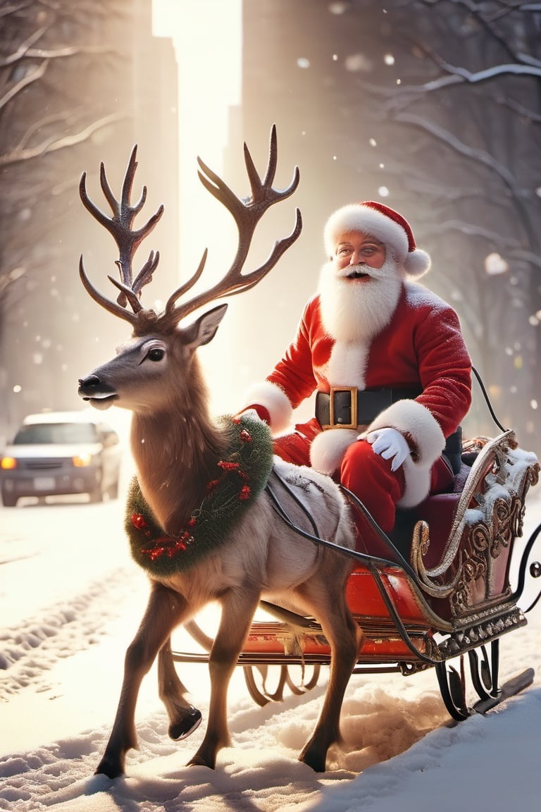 Santa Claus takes his date on a romantic ride in his reindeer sleigh through Central Park in a snowy NYC. couple, Santa Claus with his girlfriend, romantic ride in the snow, sunrise, pastel warm colors, christmas, reindeer_sleigh