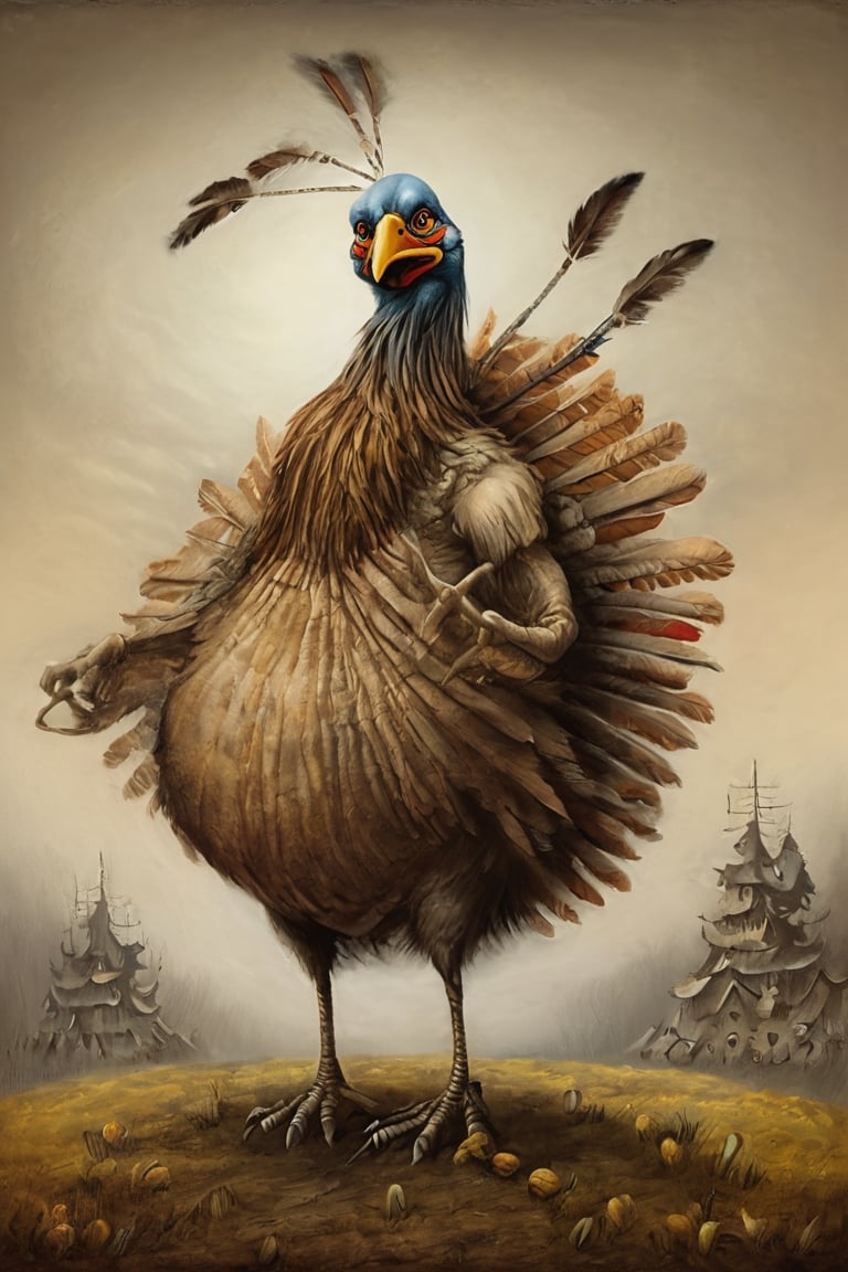 thanksgiving turkeys performing a traditional dance for the pilgrims and native americans, moonster, in the style of esao andrews, Gric