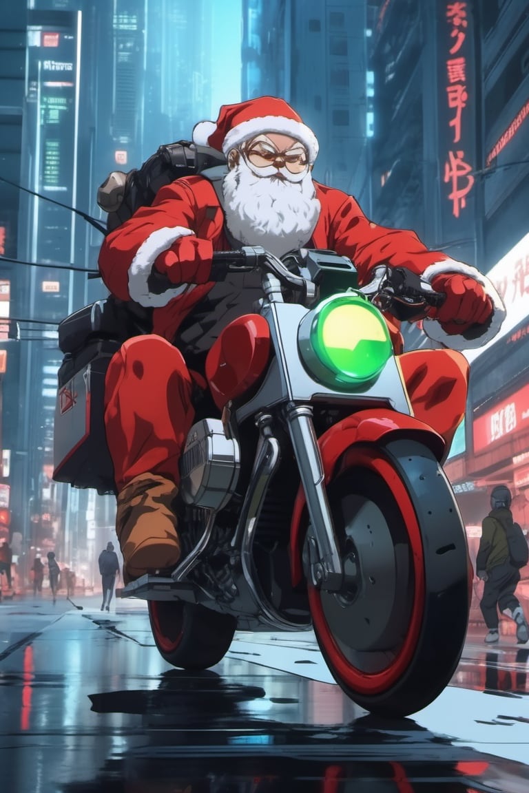 in the cyberpunk anime style of Akira, Santa Claus as a character in the anime Akira, riding the iconic futuristic motorcycle from Akira, chasing a group of masked gift thieves, epic scene, anime style, movie scene, 4k