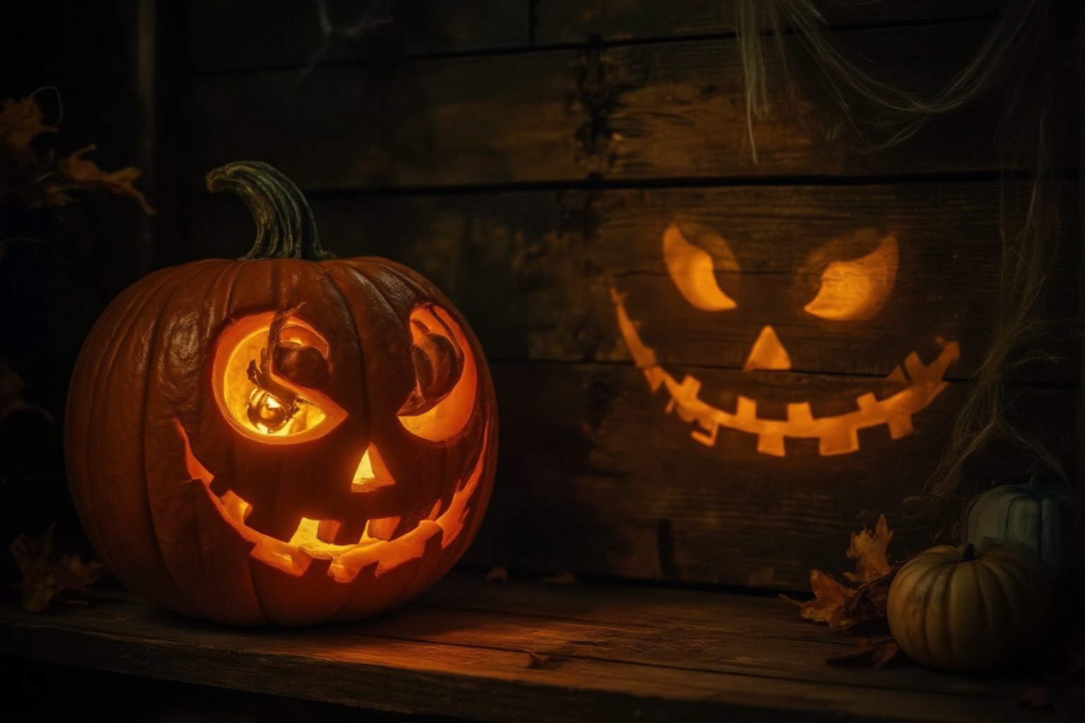 In this moody photograph, the focus is on a beautifully carved jack-o'-lantern viewed from behind. The pumpkin's textured orange skin contrasts with the deep shadows surrounding it, creating an intimate, almost mysterious atmosphere. The internal light source casts a warm, flickering glow that seeps through the intricate carvings, projecting the familiar face of the jack-o'-lantern on the nearby wall.

As the light escapes, it projects a hauntingly playful visage onto the wall behind - a whimsical grin and exaggerated eyes that seem to dance in the dim light. The wall itself is textured, weathered wood, adding depth to the scene. Shadows play around the edges of the projection, enhancing the eerie yet inviting vibe of Halloween.

The background is softly blurred, emphasizing the pumpkin and its glowing face on the wall while hints of autumn leaves and cobwebs might be subtly visible, enhancing the seasonal feel. This unique perspective invites viewers to appreciate not just the jack-o'-lantern itself but also the enchanting interplay of light and shadow that brings it to life,Midjourneyart 