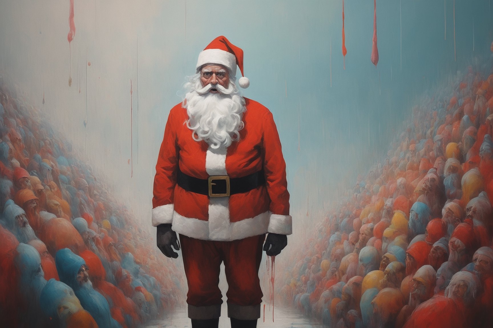 in a colorful surreal world a (scared Santa Claus), scared at the sight of all the unwanted gifts coming to life and returning to him as a huge surreal horde, abstract minimalism, leading lines, artistic composition, masterpiece, 8k uhd, in the style of esao andrews, James Gilleard, dripping paint