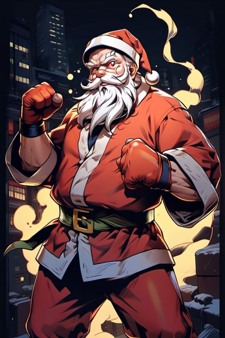 (cel-shading style:1.3), (tetradic colors), (ink lines:1.1), strong outlines, bold traces, flat colors, flat lights, anime design for tee shirt graphic, gritty colors, a super determined Santa Claus in a fighting stance ready to execute a secret martial art technique to beat a group of masked gift thieves