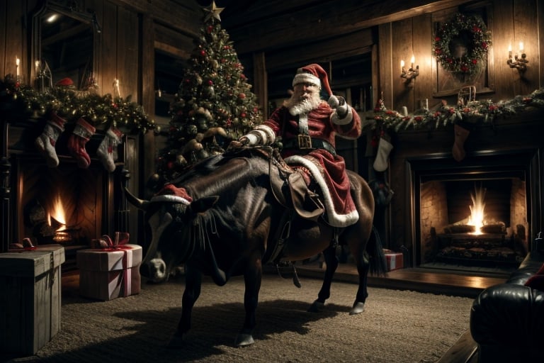 RAW photo, 8k UHD, highly detailed, ((Santa riding a mechanical bull)) in his cowboy style home, wild west saloon type christmas decorations, christmas tree with cowboy ornaments, fireplace, wild west vibe, nitricate 3D, cowboy shot, dynamic pose, wide angle photography, westworld,1,westworld,modelshoot style,realistic