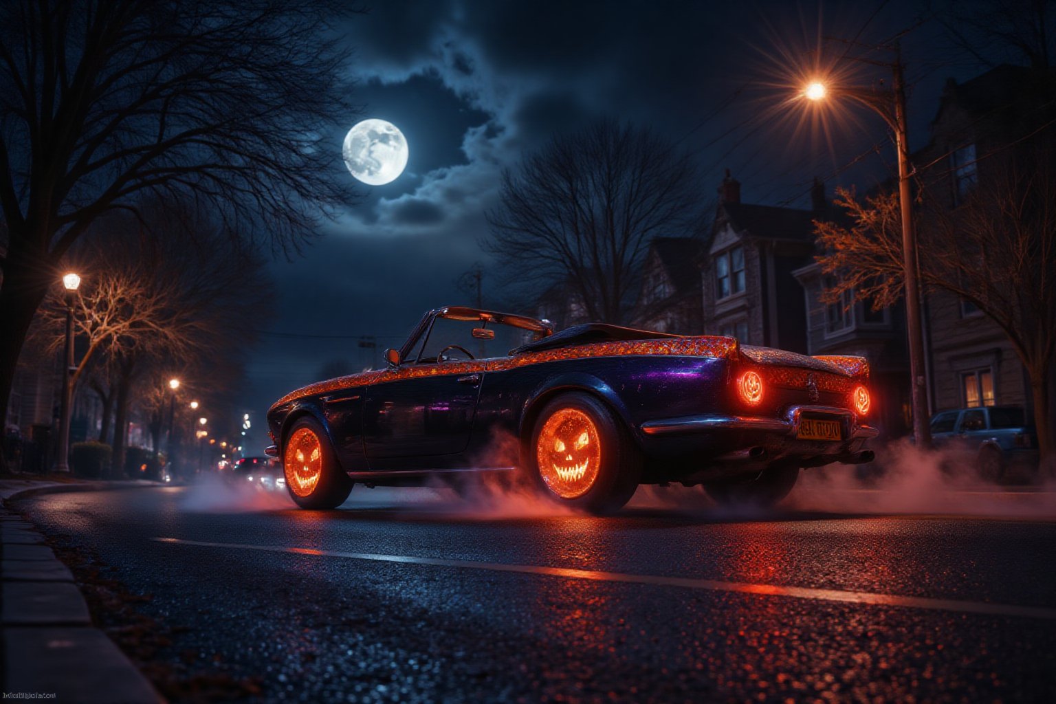 In a whimsical scene a sleek dark 60s convertible glides down a moonlit street, its exterior adorned with vibrant orange and purple accents for Halloween. The car's wheel covers feature glowing jack-o'-lantern faces, their mischievous grins flickering with an eerie light that dances across the pavement. Wisps of fog curl around the tires, illuminated by the soft glow of streetlamps casting a warm, inviting light against the cool night air. The atmosphere is alive with the sounds of laughter and distant music from the party ahead, creating a magical blend of Halloween spirit and fairy tale charm. Midjourney_Whisper