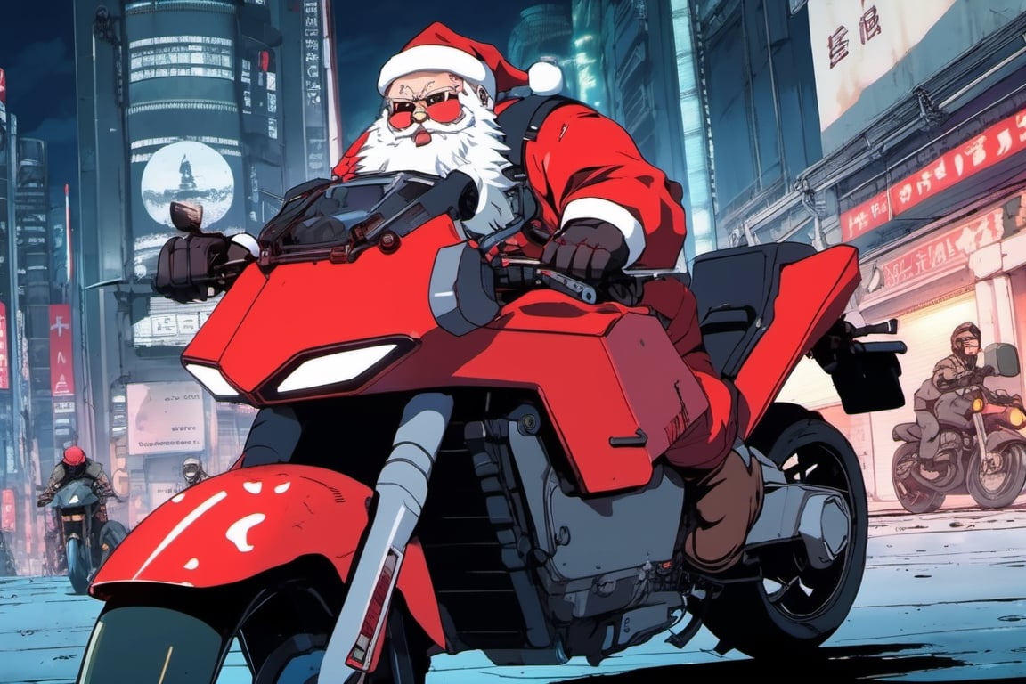 in the cyberpunk anime style of Akira, Santa Claus as a character in the anime Akira, riding the iconic futuristic motorcycle from Akira, chasing a group of masked gift thieves, epic scene, anime style, movie scene, 4k