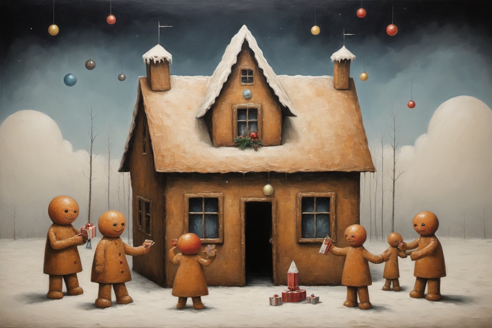 inside a surreal gingerbread house where big is small and small is big, (gingerbread men are exchanging ((christmas presents))), artistic composition, in the style of kazimir malevich, in the style of esao andrews