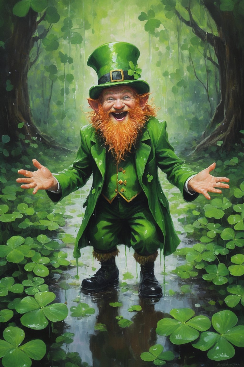 oil painting of a whimsical leprechaun, exuberrant, determined, vibrant, reflecting in puddles in a lush forest of four leaf clovers, natural light, dripping paint, Digital painting 