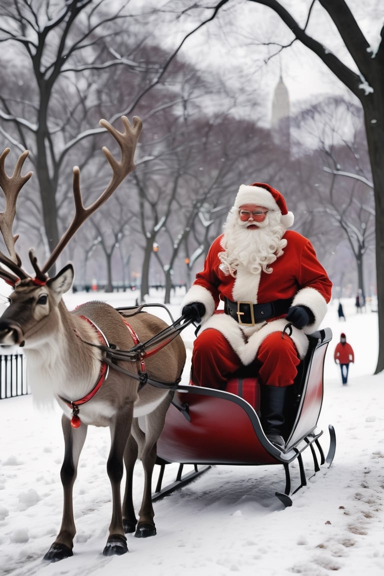 Santa Claus takes his date on a romantic ride in his reindeer sleigh through Central Park in a snowy NYC. couple, Santa Claus with his girlfriend, romantic ride in the snow, christmas, reindeer_sleigh