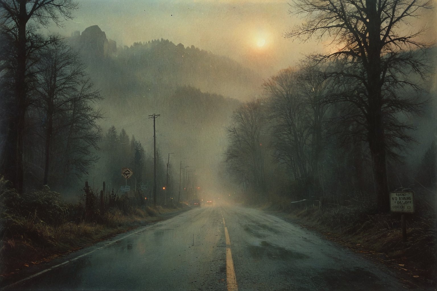 A moody dusk scene: A stretch of highway glows softly, still wet from the recent storm, as fog creeps down from the mountains, shrouding tall trees and street signs in mystery. The air is thick with anticipation as city lights in the distance pierce through the mist, casting an ethereal glow on the fog-shrouded landscape. digital artwork by Beksinski