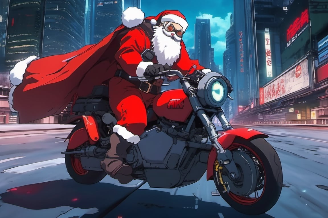 in the cyberpunk anime style of Akira, Santa Claus as a character in the anime Akira, riding the iconic futuristic motorcycle from Akira, chasing a group of masked gift thieves, epic scene, anime style, movie scene, 4k