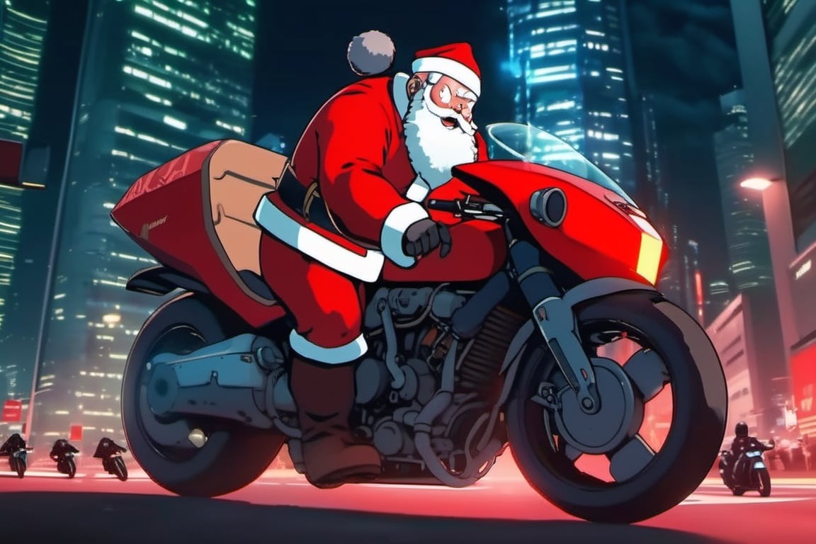 in the anime style of Akira, Santa Claus as a character in the anime Akira, riding the iconic futuristic motorcycle from this anime, chasing a group of masked gift thieves, epic scene, anime style, movie scene, 4k