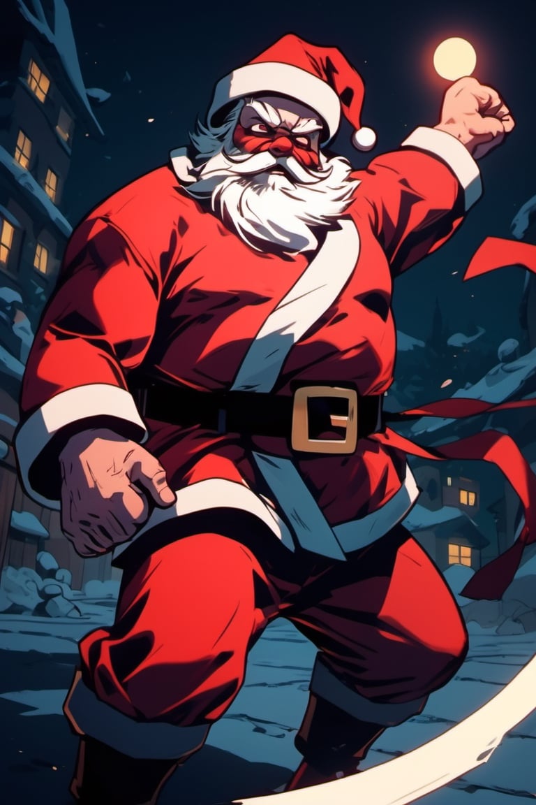 (cel-shading style:1.3), (tetradic colors), (ink lines:1.1), strong outlines, bold traces, flat colors, flat lights, gritty colors, a super determined Santa Claus in a fighting stance ready to execute a secret martial art technique to beat a group of masked gift thieves,cyber